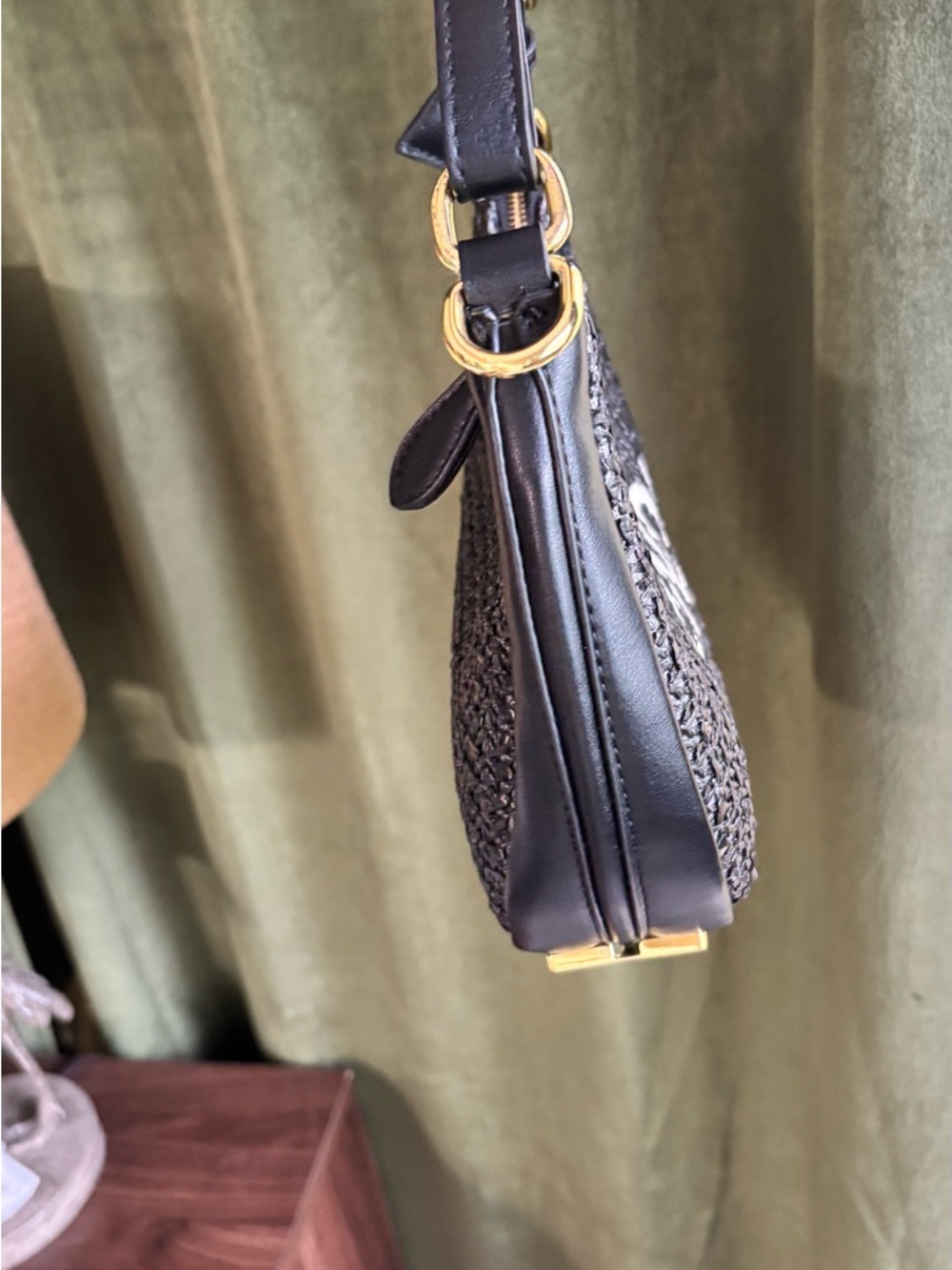 Woven Crescent Shoulder Bag in Black